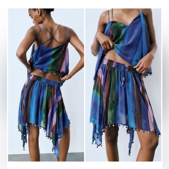 Womens Zara Multicolored Matching Beaded Trim Strap Camisole and Skirt Set S - Picture 1 of 16